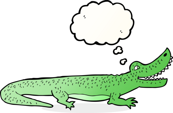 Bir insan tarafından çizilmiş düşünce balonlu mutlu timsah çizgi filmi