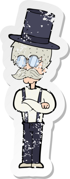 Bir insan tarafından çizilmiş şapkalı bir çizgi film karakterinin gerilimli çıkartması.