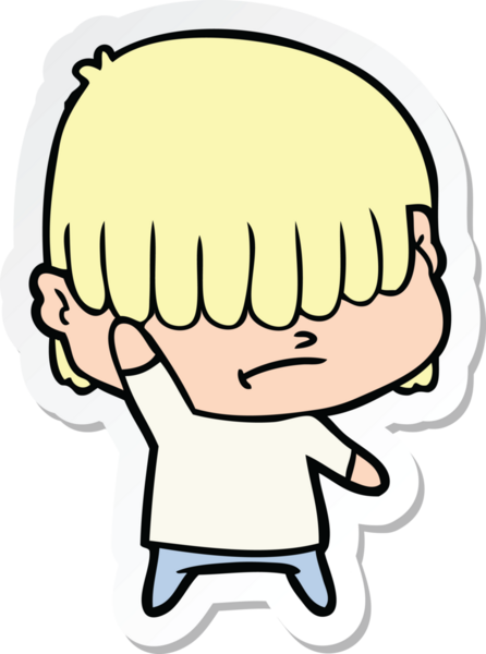 Bir insan tarafından çizilmiş dağınık saçlı çizgi film çocuğunun çıkartması.