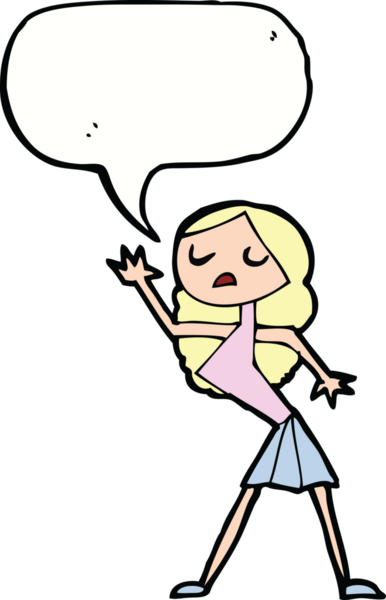 Bir insan tarafından çizilmiş konuşma balonuyla dans eden karikatür kadın.