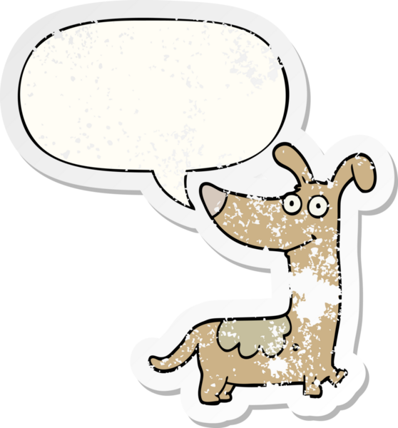 Konuşma baloncuğu olan çizgi film köpeği bir insan tarafından çizilmiş sıkıntılı eski bir çıkartma