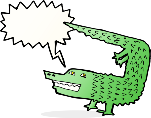 Bir insan tarafından çizilmiş konuşma balonlu çizgi film timsahı.