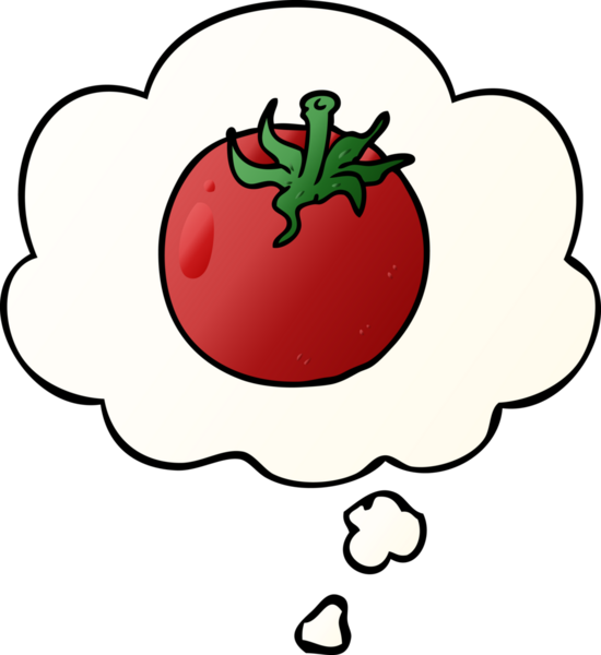 Düşünce baloncuklu çizgi film domatesi, bir insan tarafından çizilmiş düz eğimli bir şekil.