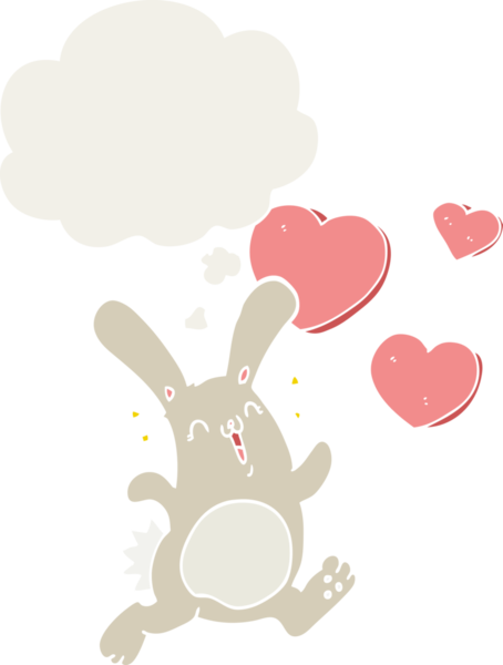 Düşünce baloncuğuna aşık çizgi film tavşanı insan tarafından çizilmiş.