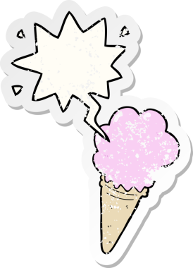 Konuşma balonlu çizgi film dondurması bir insan tarafından çizilmiş sıkıntılı eski bir çıkartma