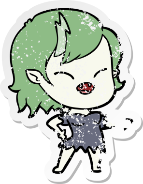 Bir insan tarafından çizilmiş, gülen ve işaret eden vampir bir kızın sıkıntılı çıkartması.