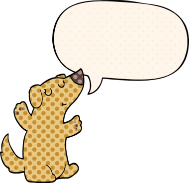 Bir insan tarafından çizilmiş çizgi roman tarzında konuşma balonu olan çizgi film köpeği.