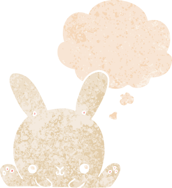 Düşünce baloncuklu çizgi film tavşanı grunge dertli eski moda bir insan tarafından çizilmiş.