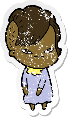 Hipster saç kesimi bir insan tarafından çizilmiş tatlı bir çizgi film kızına ait sıkıntılı bir etiket.