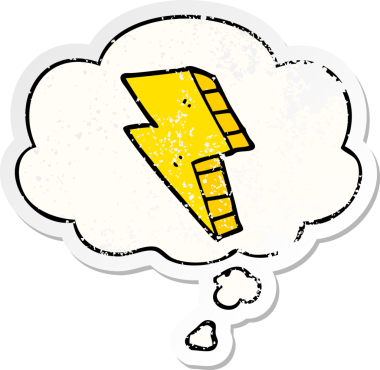 Düşünce baloncuklu karikatür yıldırımı bir insan tarafından çizilmiş yıpranmış bir çıkartma.