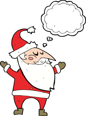 Bir insan tarafından çizilmiş düşünce baloncuklu Noel Baba çizgi filmi.