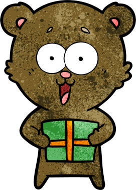 Bir insan tarafından çizilmiş Noel hediyeli gülen oyuncak ayı.