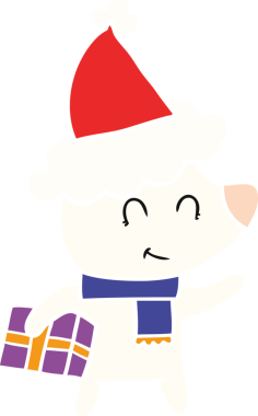 Noel hediyesi olan dişi kutup ayısı bir insan tarafından çizilmiş Noel Baba şapkası giyiyor.