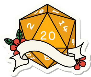 Bir insan tarafından çizilmiş 20 D20 zarının çıkartması.