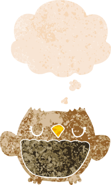 bir insan tarafından çizilmiş grunge sıkıntılı retro desenli düşünce baloncuğu ile çizgi film baykuşu