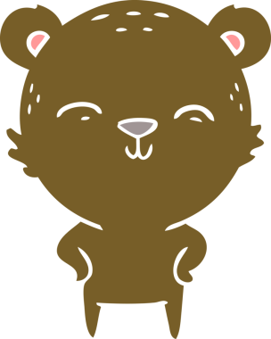 Mutlu düz renkli çizgi film ayısı, elleri kalçasında bir insan tarafından çizilmiş.