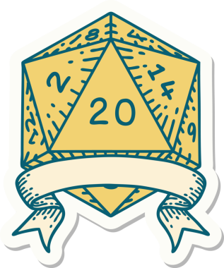 Bir insan tarafından çizilmiş 20 kritik vuruşluk D20 zar etiketi.