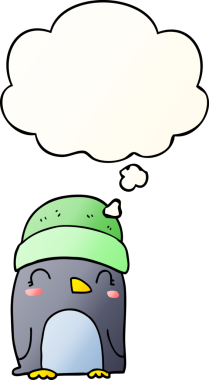 Bir insan tarafından çizilmiş yumuşak eğimli düşünce kabarcığı olan sevimli penguen çizgi filmi.