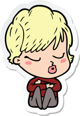 Bir insan tarafından çizilmiş, gözleri kapalı bir karikatür kadının çıkartması.