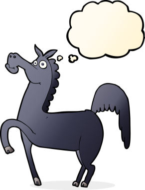 Bir insan tarafından çizilmiş düşünce baloncuklu komik bir at.