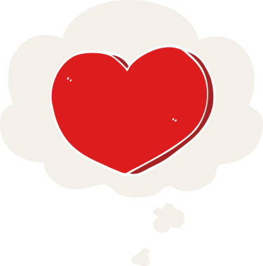 insan tarafından çizilmiş düşünce baloncuklu karikatür aşk kalbi.