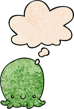 Bir insan tarafından çizilmiş grunge desenli düşünce baloncuğu olan sevimli ahtapot çizgi filmi.