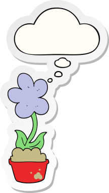 Düşünce baloncuğu olan şirin bir karikatür çiçeği bir insan tarafından çizilmiş çıkartma gibi.