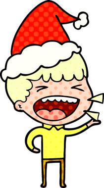 Bir insan tarafından çizilmiş Noel Baba şapkası takan gülen bir adamın el çizimi çizgi roman tasviri.