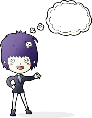 Bir insan tarafından çizilmiş düşünce balonlu vampir kız.