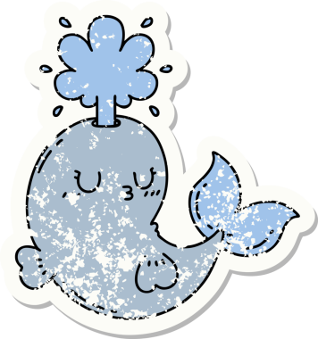 Dövme stili eski bir çıkartma. Bir insan tarafından çizilmiş mutlu, fışkırtan balina karakteri.