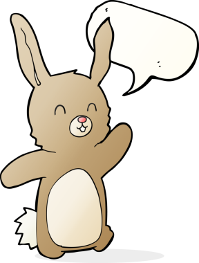 Bir insan tarafından çizilmiş konuşma balonlu mutlu tavşan çizgi filmi.