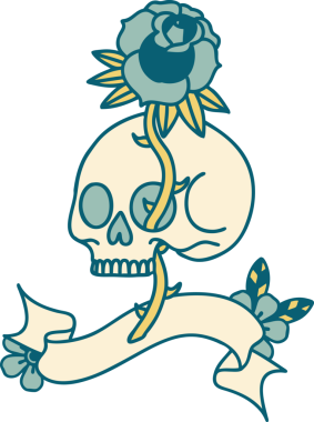 Geleneksel dövmeli kafatası ve bir insan tarafından çizilmiş gül.