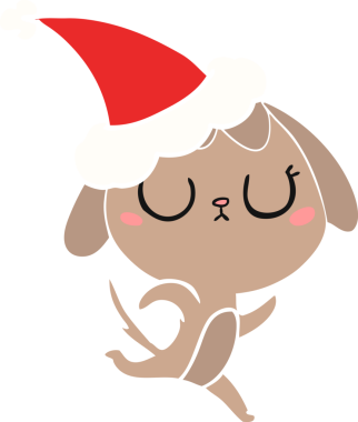 Bir insan tarafından çizilmiş Noel Baba şapkası takan bir köpeğin düz renk çizimi.