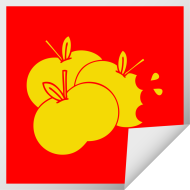 Bir insan tarafından çizilmiş sulu bir elmanın kare soyulmuş etiket karikatürü