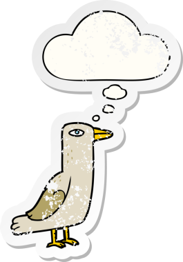 Düşünce baloncuğu olan çizgi film kuşu insan tarafından çizilmiş yıpranmış bir çıkartma gibi.