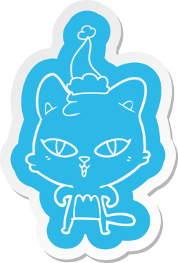 Bir insan tarafından çizilmiş Noel Baba şapkası takan bir kedinin garip karikatür çıkartması.