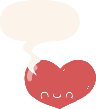 Bir insan tarafından çizilmiş eski tarz konuşma baloncuğu olan kalp karakterini seviyorum.