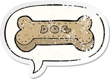 Konuşma balonlu çizgi köpek bisküvisi bir insan tarafından çizilmiş sıkıntılı eski bir çıkartma