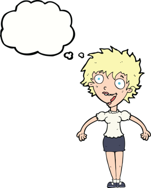 Bir insan tarafından çizilmiş düşünce baloncuğu olan heyecanlı bir kadın.