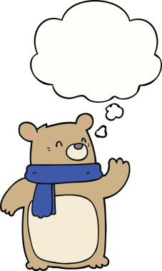 Bir insan tarafından çizilmiş düşünce balonlu eşarp takan çizgi film ayısı.