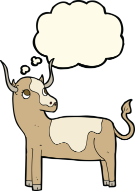 Bir insan tarafından çizilmiş düşünce balonlu çizgi film ineği.