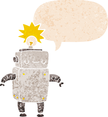 grunge 'da konuşma baloncuğu olan karikatür robotu bir insan tarafından çizilmiş gerilimli retro stil