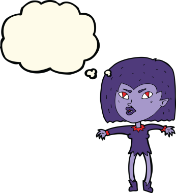 Bir insan tarafından çizilmiş düşünce balonlu vampir kız.