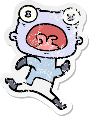 Bir çizgi filmin sıkıntılı çıkartması. Bir insan tarafından çizilmiş garip bir uzaylı.