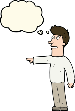 Bir insan tarafından çizilen düşünce baloncuğuyla işaret eden çizgi film adamı.