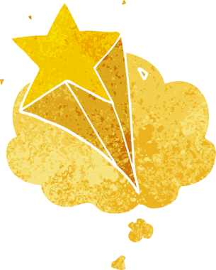 Düşünce baloncuğu olan bir çizgi film yıldızı grunge sıkıntılı retro stili bir insan tarafından çizilmiş