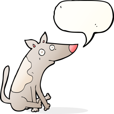 Bir insan tarafından çizilmiş konuşma balonu olan çizgi film köpeği.