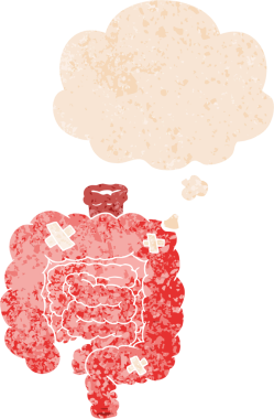 Çizgi film, bir insan tarafından çizilmiş dertli retro dokudaki düşünce baloncuklarıyla bağırsakları onardı.