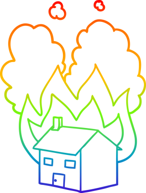 Gökkuşağı gradyan çizgi çizimi bir insan tarafından çizilmiş yanan bir ev