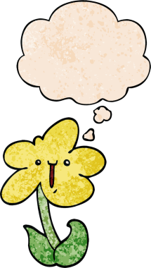 Bir insan tarafından çizilmiş grunge desenli düşünce baloncuğu olan karikatür çiçeği